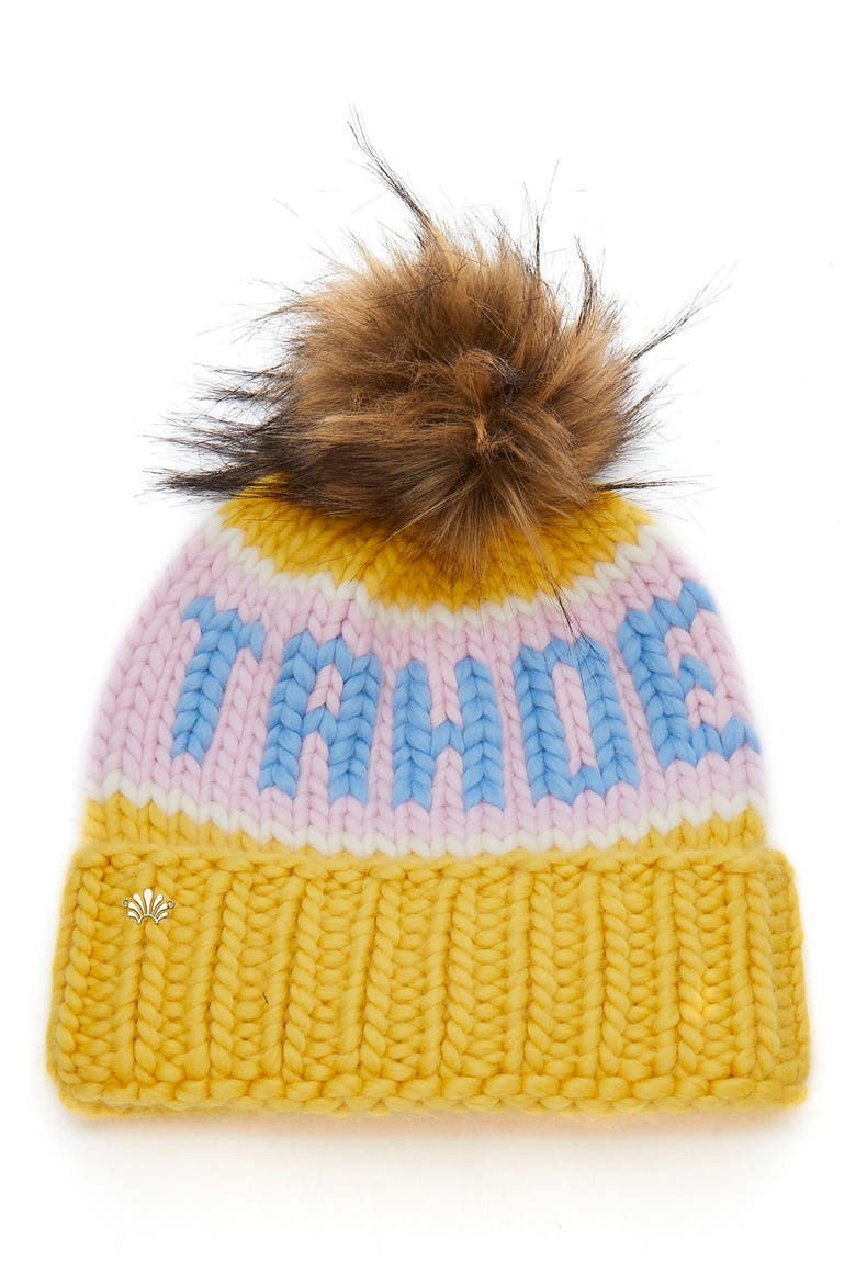 Tahoe Faux Fur PomPom Beanie, Main, color, SUNSHINE MULTI