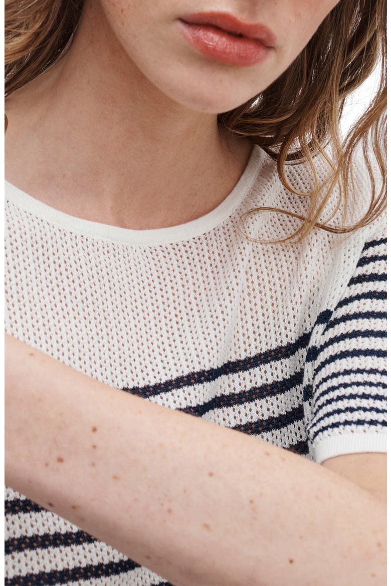 Daisy Stripe Short Sleeve Cotton Blend Sweater, Alternate, color, WHITE