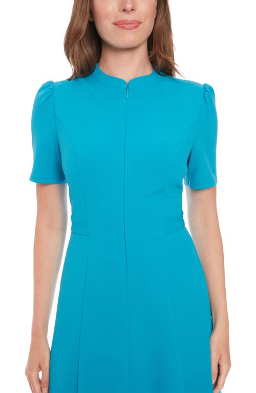 London Times Front Zip Short Sleeve Fit & Flare Dress In B Reef Blue