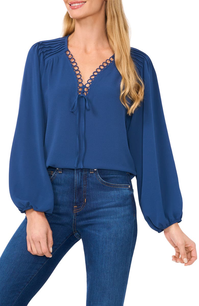 CeCe Circle Trim Pintuck Top, Main, color, Night Horizon
