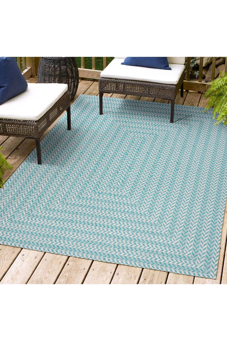 Chevron Modern Concentric Squares Indoor/Outdoor Area Rug, Alternate, color, Aqua/Light Gray
