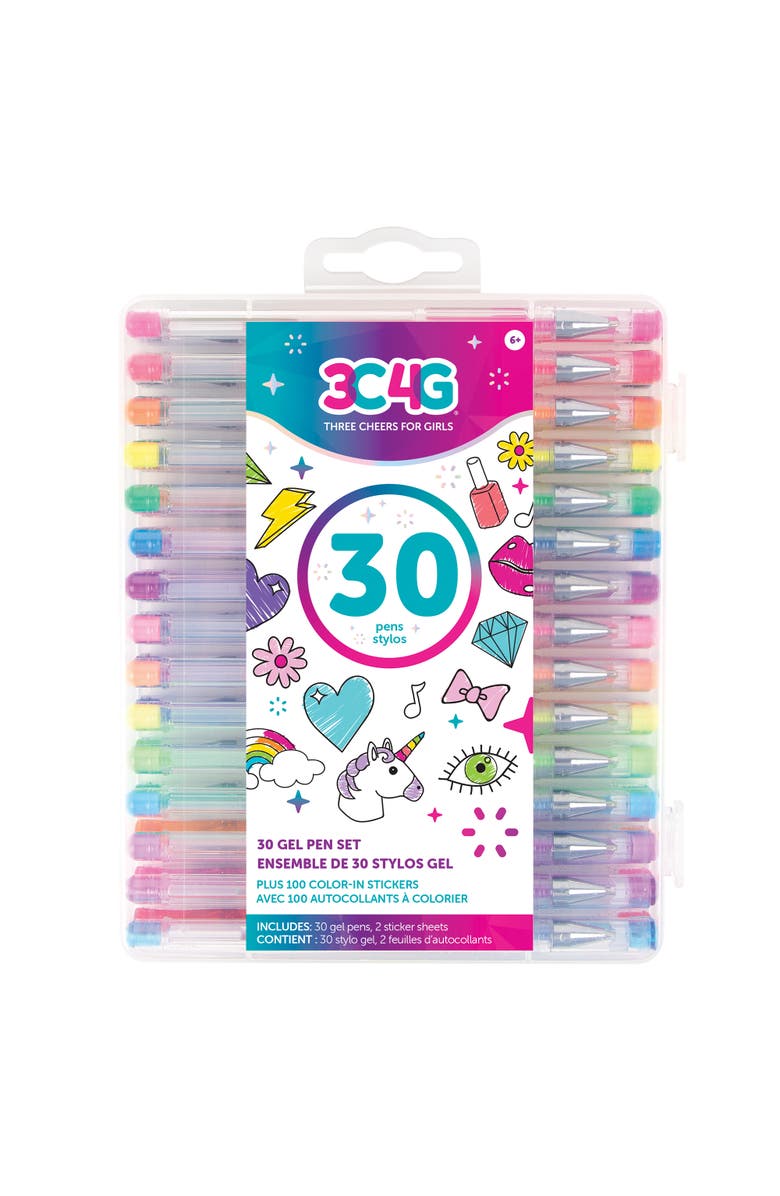Three Cheers For Girls 30 Piece Gel Pen Set W/ 100 Colorin Stickers, Main, color, Multicolored