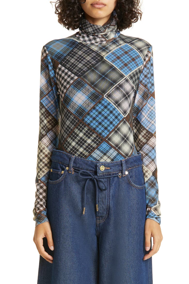 Print Turtleneck Mesh Top, Main, color, SILVER LAKE BLUE