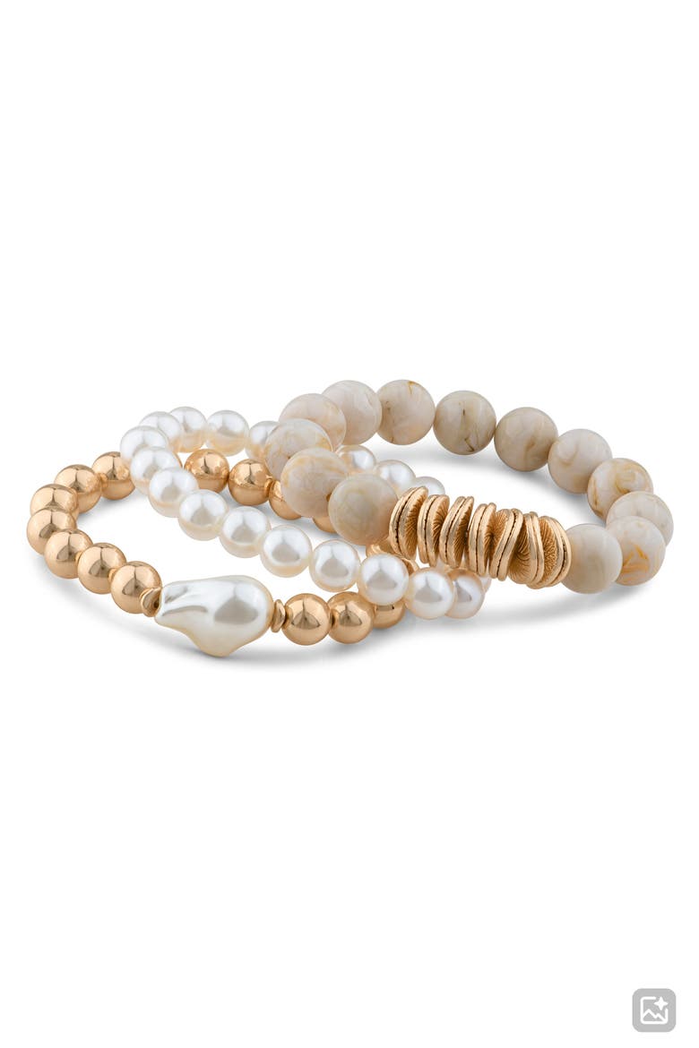 Set of 3 Beaded Stretch Bracelet (Nordstrom Exclusive), Main, color, NATURAL/ WHITE/ GOLD