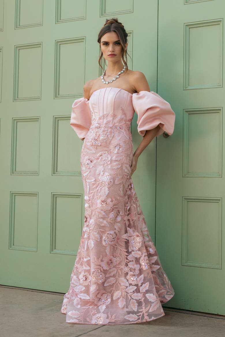 Satin Off The Shoulder Embroidered Mermaid Gown, Alternate, color, Rose
