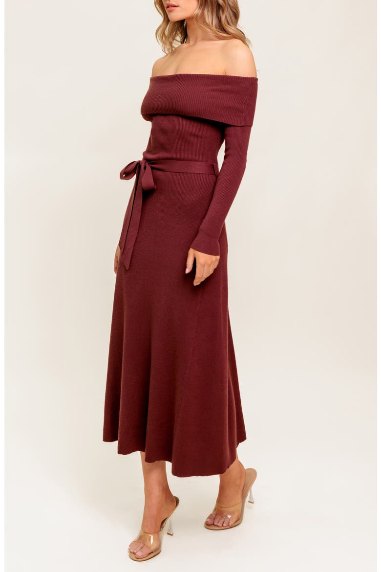 Off the Shoulder Long Sleeve Sweater Dress, Alternate, color, BROWN