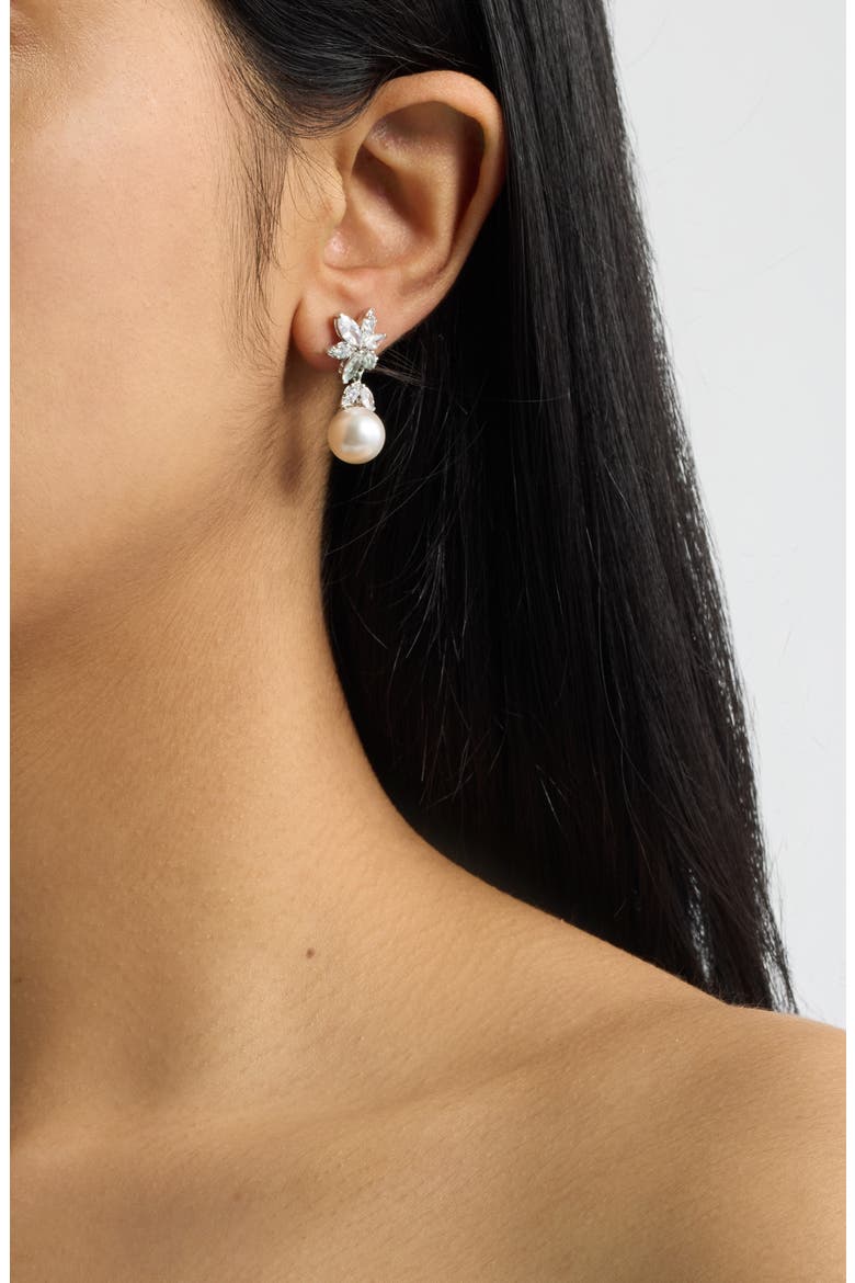 Under the Sea Cubic Zirconia & Faux Pearl Drop Earrings, Alternate, color, RHODIUM