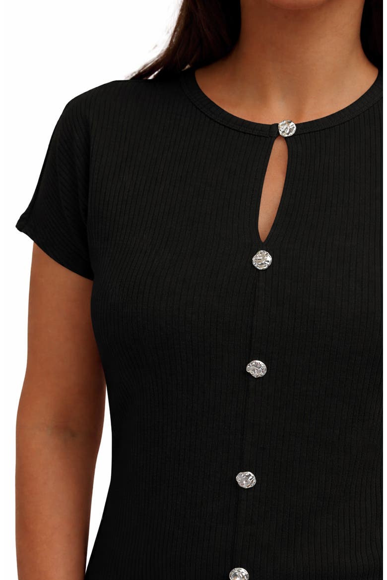 Keyhole Button-Front Rib Top, Alternate, color, BLACK