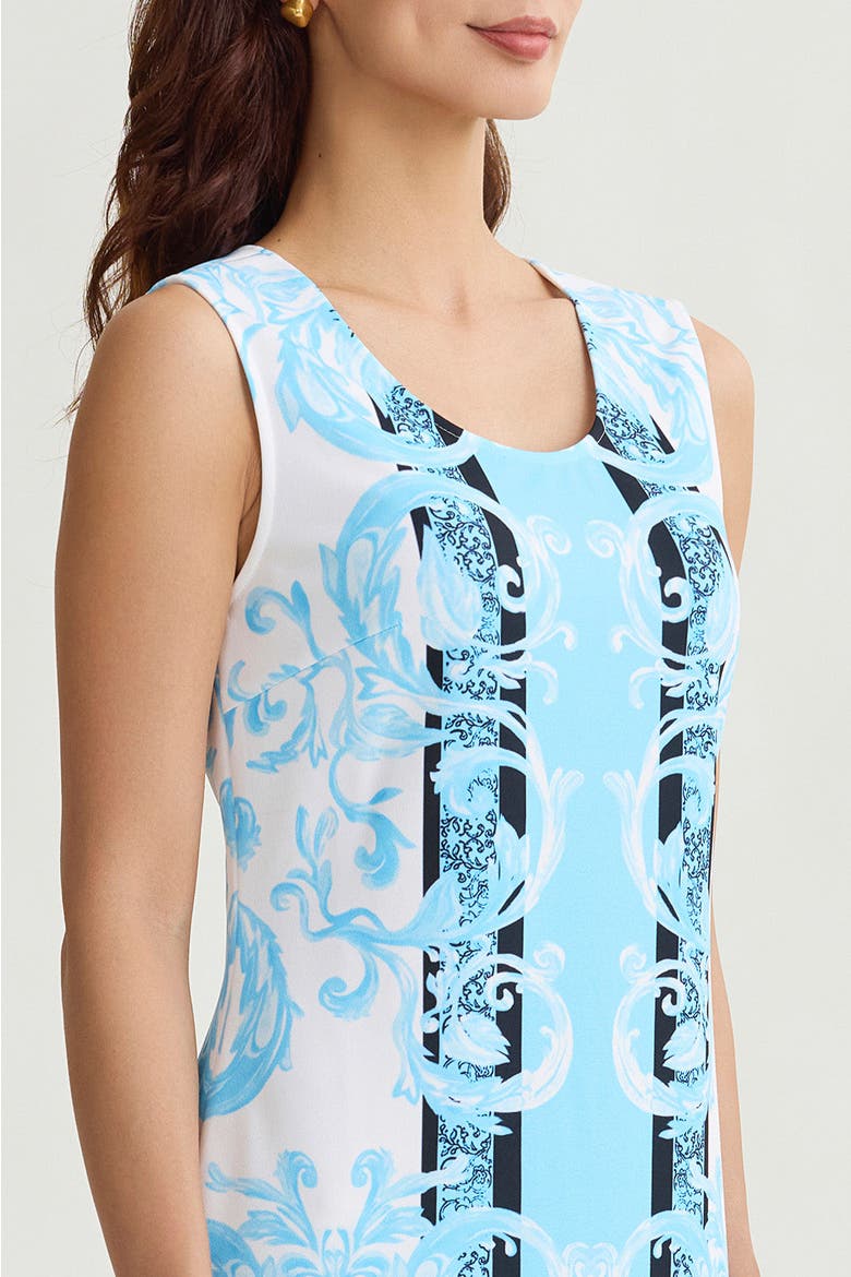 Filigree Printed Lined Stretch Deco Crepe Sheath Dress, Alternate, color, Serene/White/Black