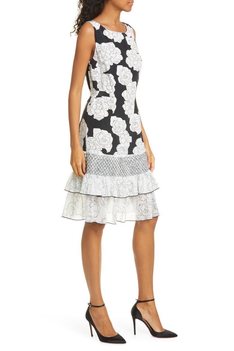 Chacha Ruffle Floral Silk Dress, Alternate, color, BLACK FINE FLOWER