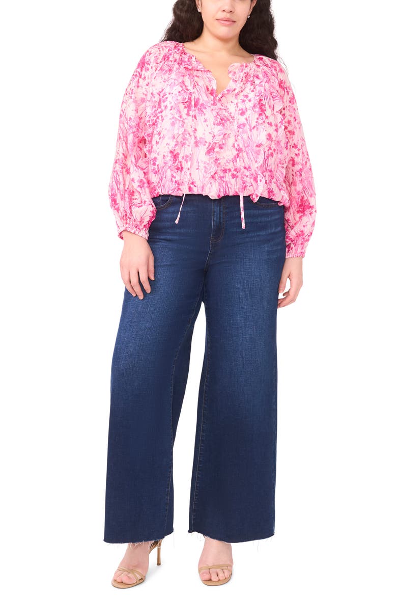 Tie Neck Ruffle Long Sleeve Top, Alternate, color, NEW IVORY/ PINK FLORAL