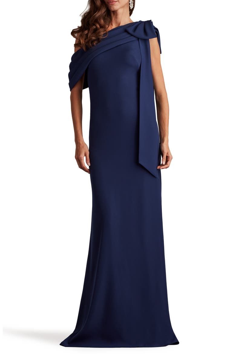 One-Shoulder Crepe Column Gown, Main, color, NAVY