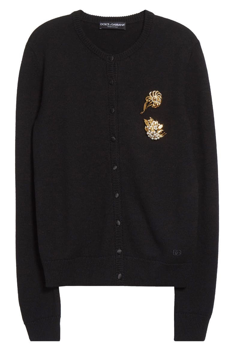 Floral Brooch Virgin Wool Cardigan, Main, color, N0000 NERO