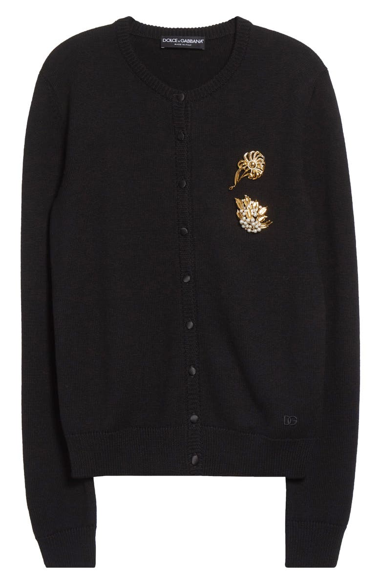 Dolce&Gabbana Floral Brooch Virgin Wool Cardigan, Main, color, N0000 Nero