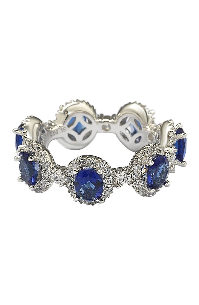 SUZY LEVIAN Sterling Silver Prong Set Blue CZ & Pave Halo Station Eternity Band Ring, Alternate, color, 