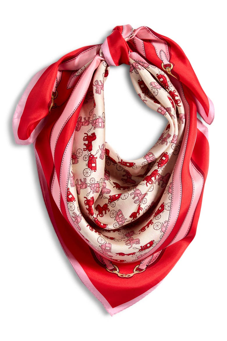 Horse & Carriage Print Silk Square Scarf, Main, color, FLAME SCARLET