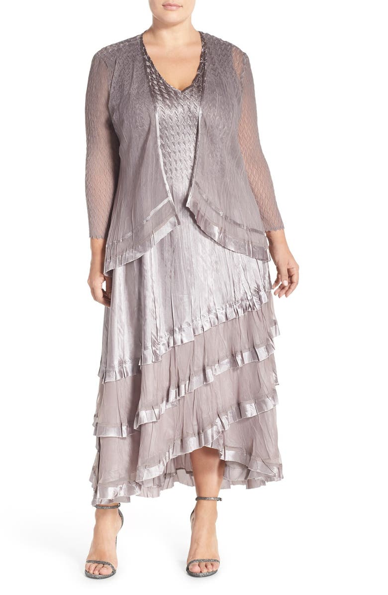 Komarov Charmeuse Tiered Hem Dress with Chiffon Jacket, Main, color,