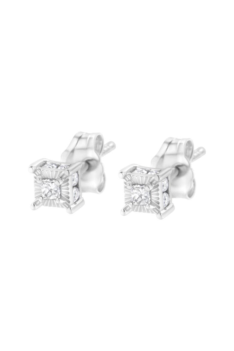Silver 1/4 Ct Miracle Princess Solitaire Stud Earrings with Hidden Halo, Alternate, color, White