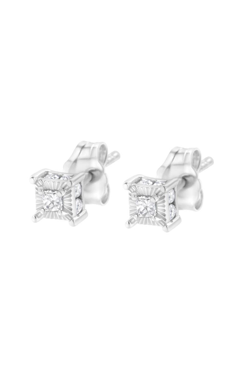 Haus of Brilliance Silver 1/4 Ct Miracle Princess Solitaire Stud Earrings with Hidden Halo, Alternate, color, White