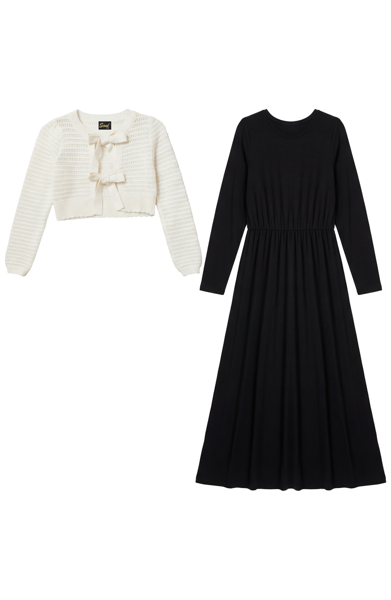 Seal Eyelet Bow Rib Knit Cardigan and Modal Robe 2 Piece Set, Main, color, Black/Ivory