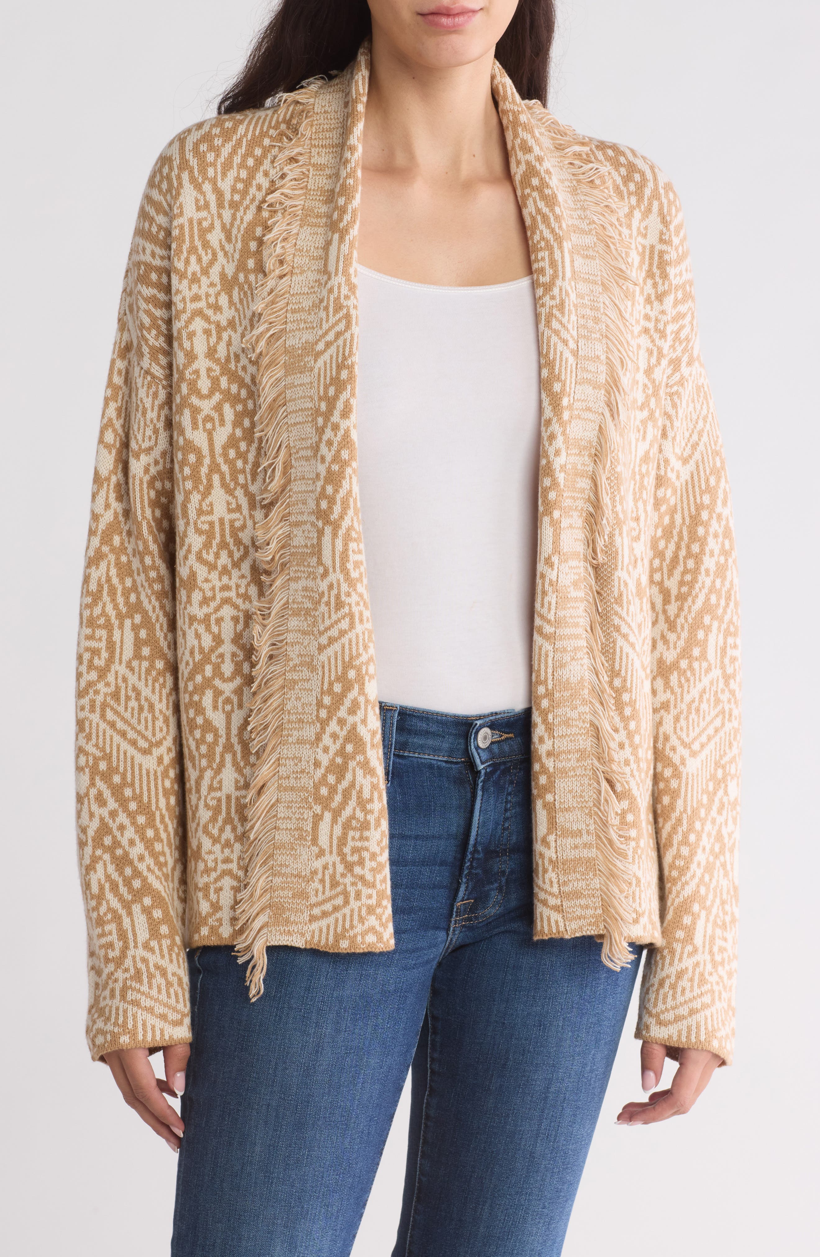 Lucky Brand Shawl Collar Open Front Jacquard Knit Cardigan