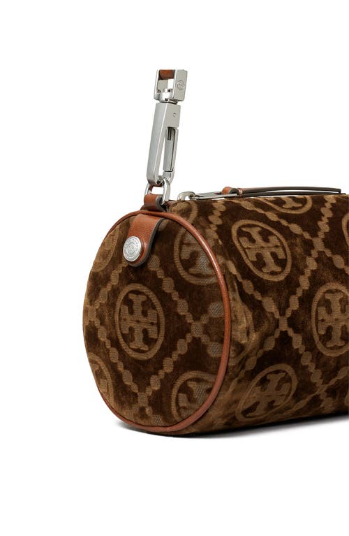 Tory Burch T Monogram Flocked Velvet Cylinder Shoulder Bag In Sand
