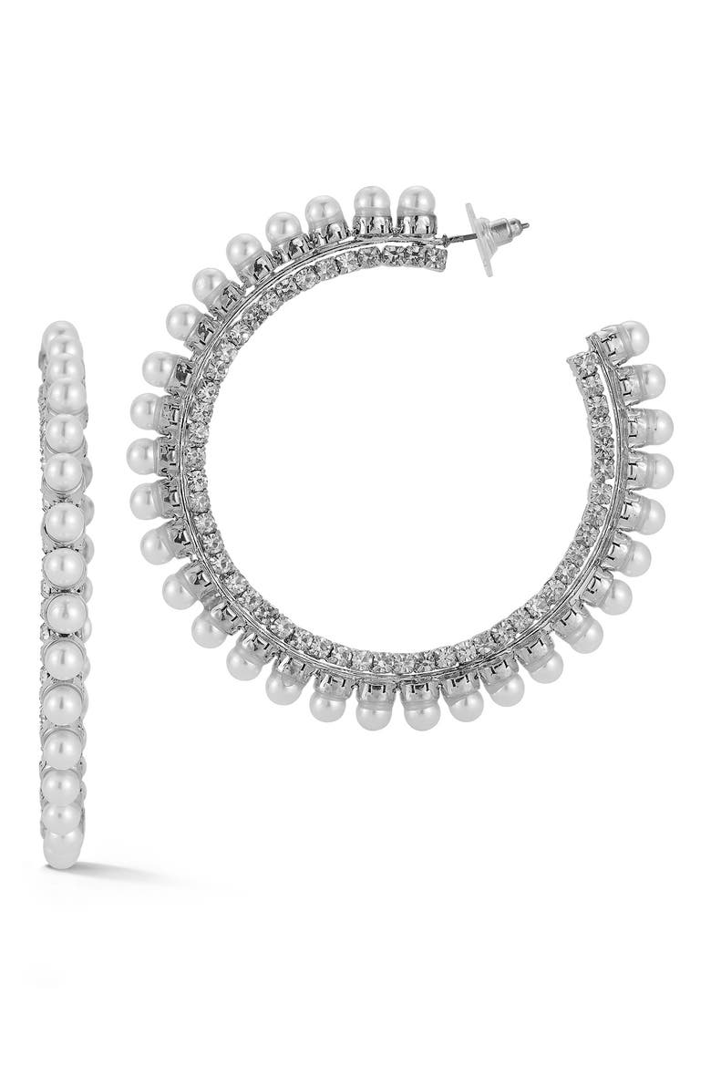 Faux Pearl & Cubic Zirconia Hoop Earrings, Main, color, SILVER