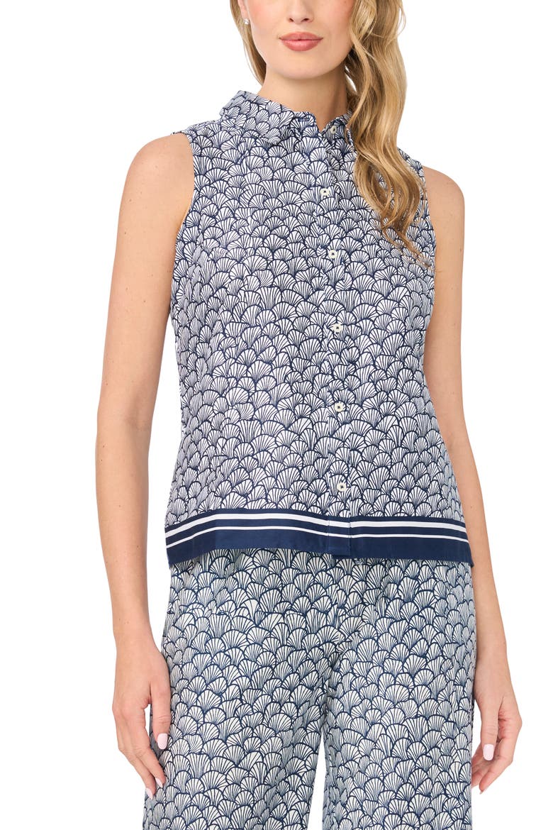 Shell Print Stretch Cotton Button-Up Top, Main, color, CLASSIC NAVY