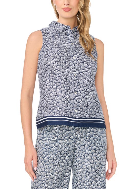 Shell Print Stretch Cotton Button-Up Top