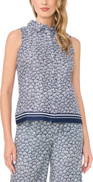 CeCe Shell Print Stretch Cotton Button-Up Top