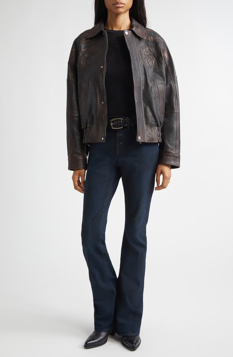 Golden Goose Journey Floral Embroidered Oversize Leather Bomber Jacket, Alternate, color, Port Royale