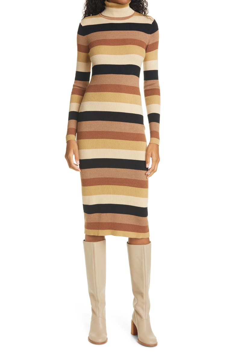 Lisa Stripe Ribbed Turtleneck Long Sleeve Midi Dress, Main, color, CAMEL MULTI