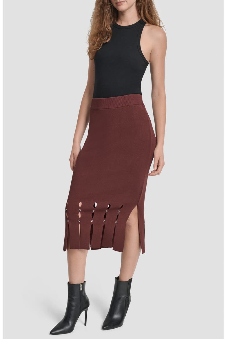 Grommet Trim Fringe Hem Sweater Midi Skirt, Alternate, color, BITTER CHOCOLATE
