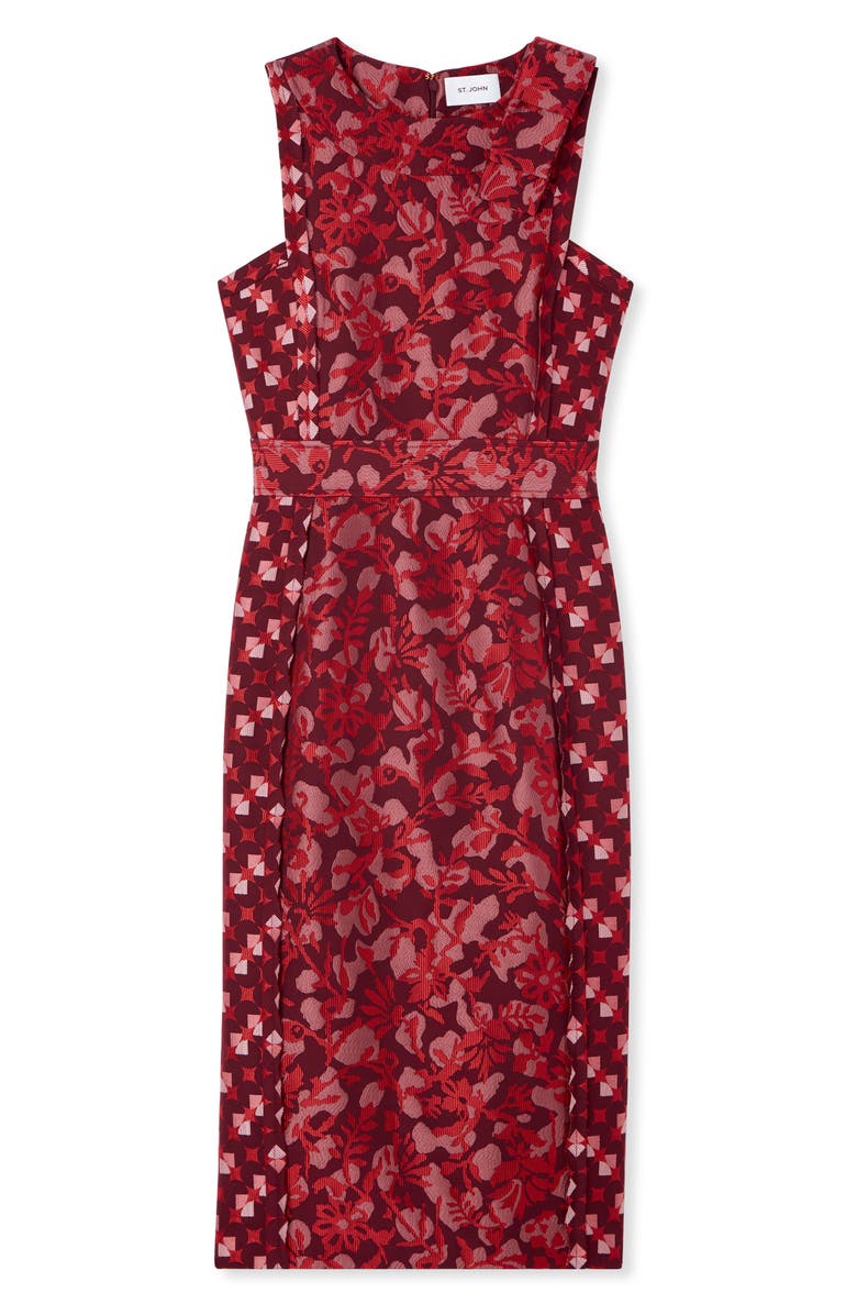 ST. JOHN Floral Geometric Bow Jacquard Dress, Alternate, color, Cranberry Multi