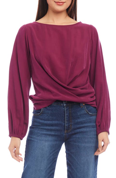 BURGUNDY TEXTURED BLOUSE W/ROSE&NAVY TRIM main image 1