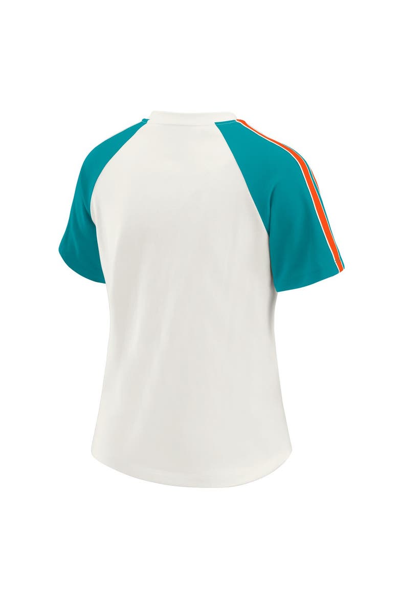 Women's WEAR by Erin Andrews White Miami Dolphins Sleeve Stripe Distressed Raglan T-Shirt, Alternate, color, White