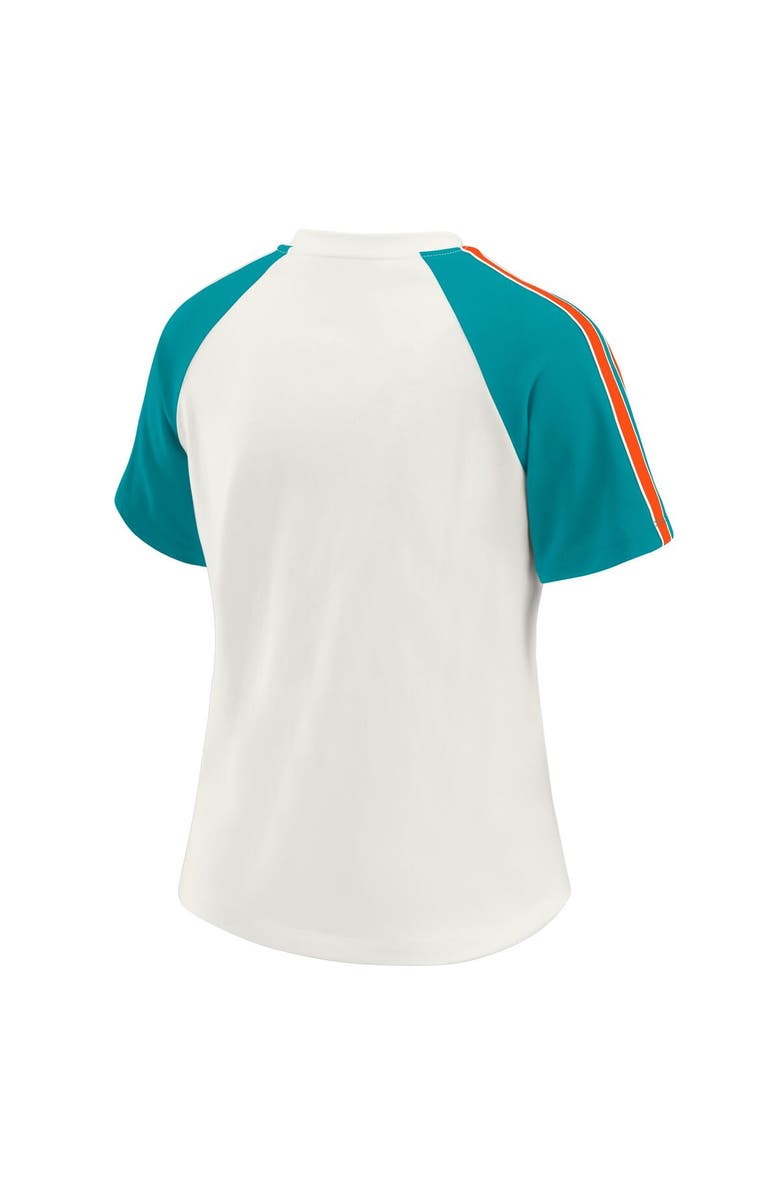 WEAR by Erin Andrews Women's WEAR by Erin Andrews White Miami Dolphins Sleeve Stripe Distressed Raglan T-Shirt, Alternate, color, White