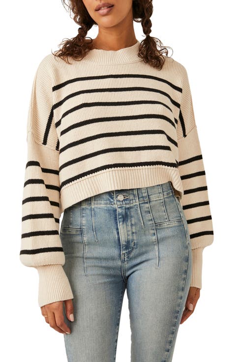 Striped Gothic Cropped Sweater Women Boat Neck Drop Shoulder