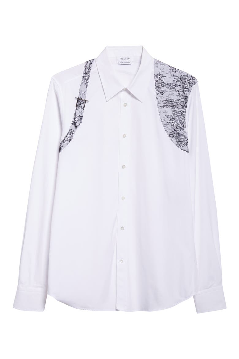 Lace Detail Harness Strap Cotton Poplin Button-Up Shirt, Alternate, color, OPTICALWHITE