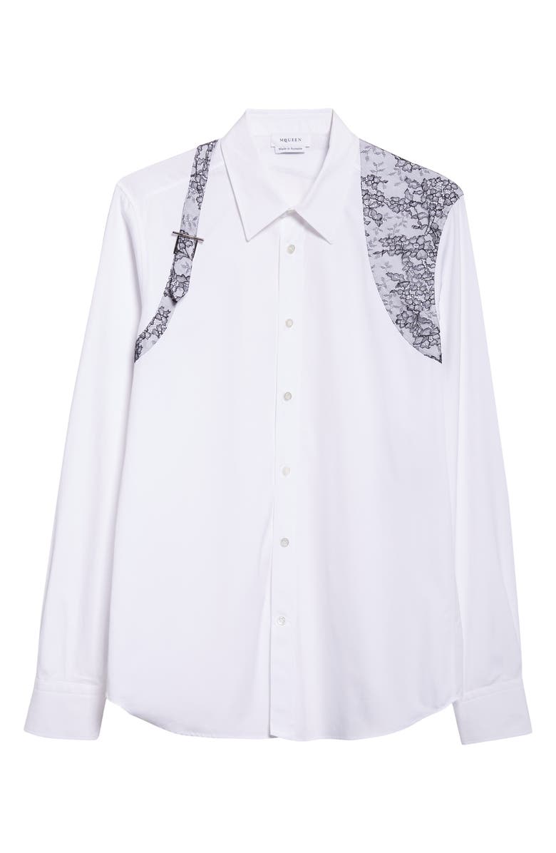 McQueen Lace Detail Harness Strap Cotton Poplin Button-Up Shirt, Alternate, color, Opticalwhite