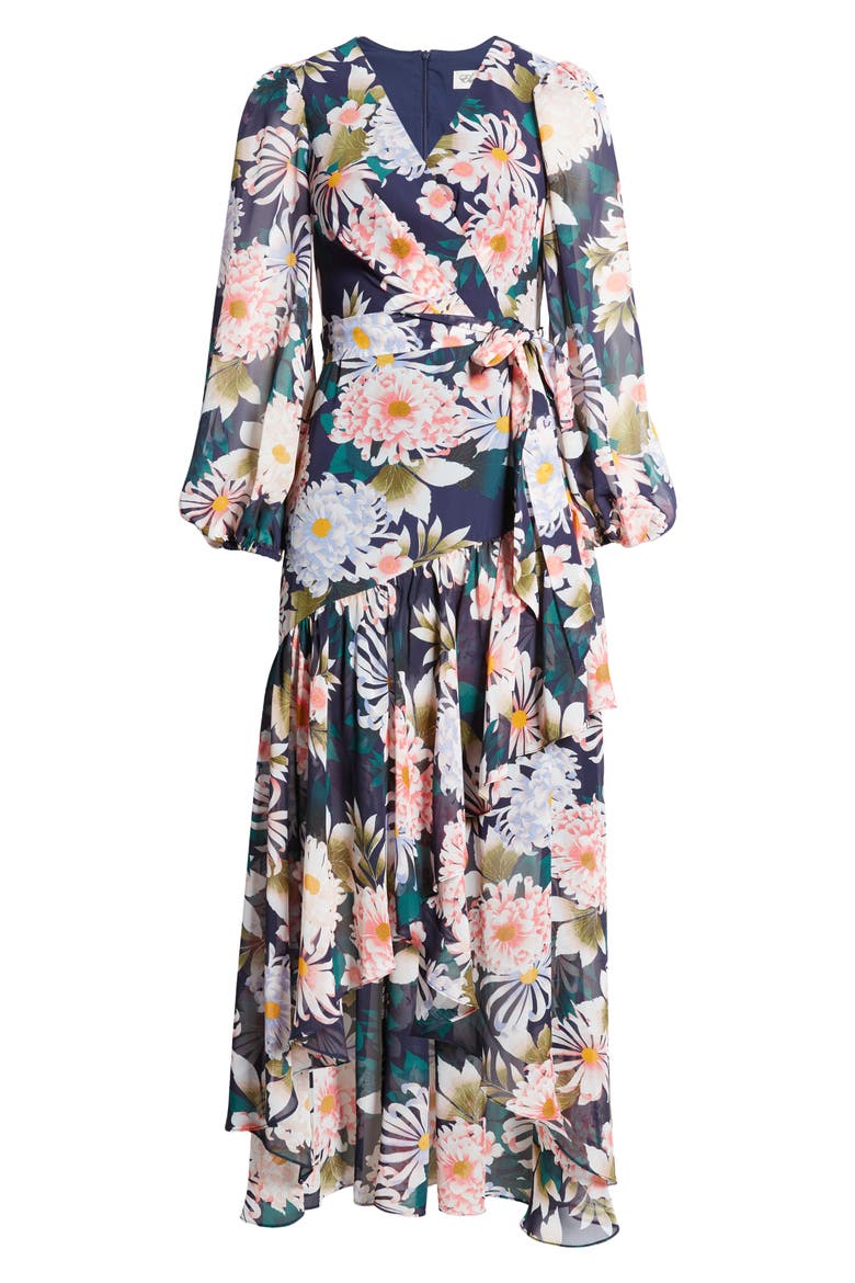 Floral Long Sleeve High-Low Faux Wrap Dress, Alternate, color, NAVY MULTI