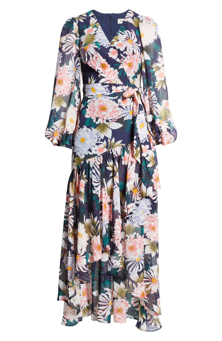 Eliza J Floral Long Sleeve High-Low Faux Wrap Dress, Alternate, color,