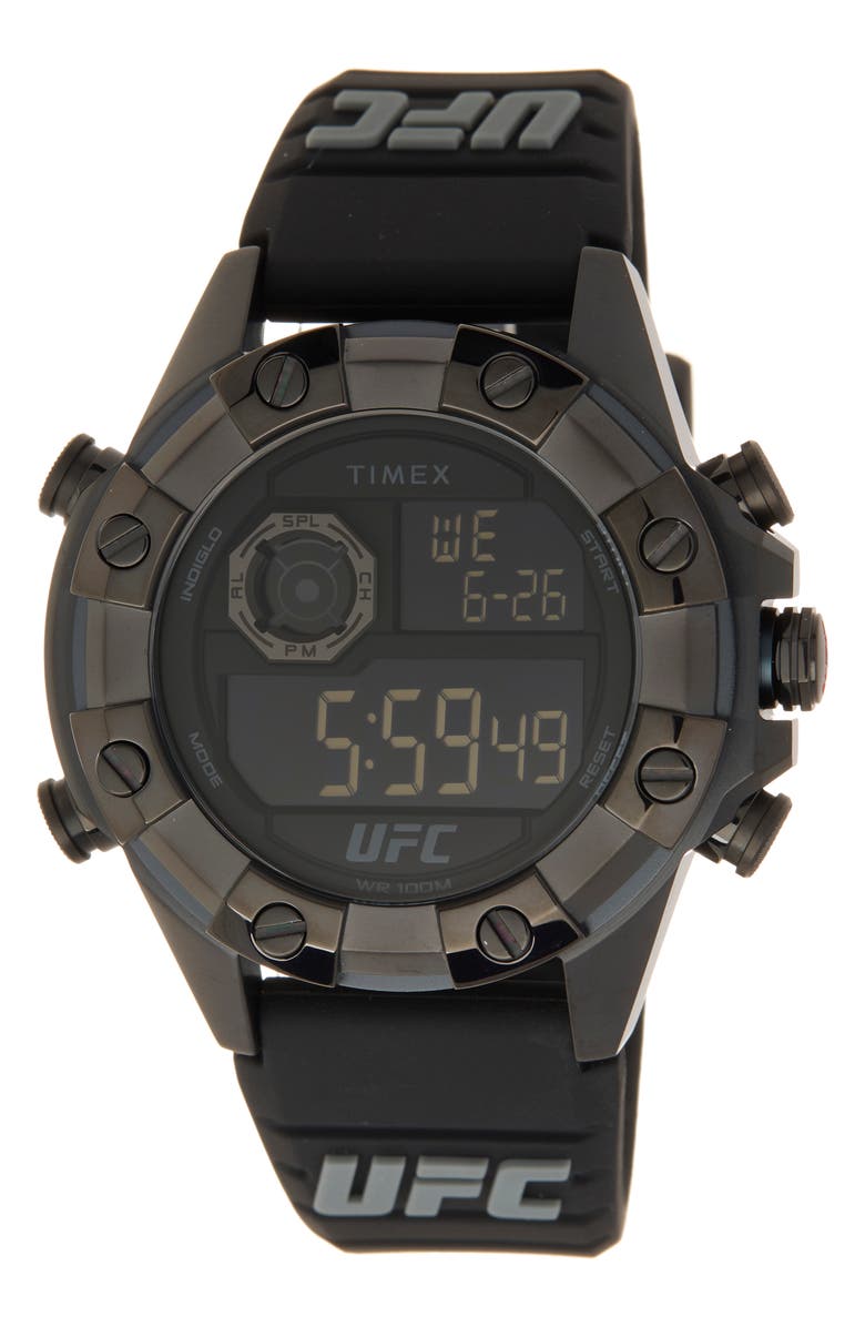 Timex<sup>®</sup> x UFC Kick INDIGLO Silicone Strap Watch, 49mm, Main, color, Black