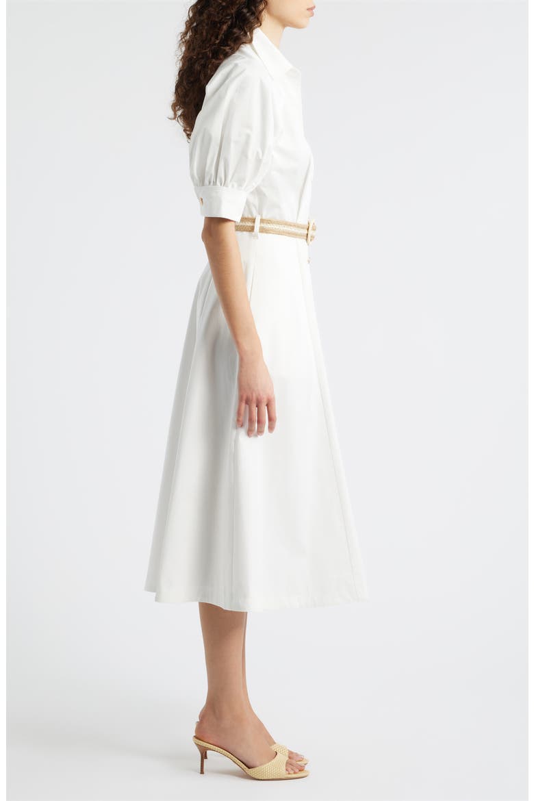 Puff Sleeve Belted Cotton Midi Shirtdress, Alternate, color, WHITE