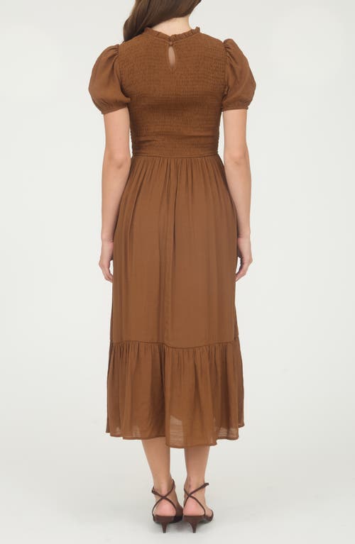 Blu Pepper Smocked Puffed Sleeve Midi Dress In Brown