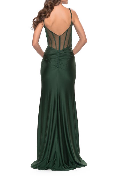 La Femme Illusion Bodice Dress With Boning And Twist Detail In Emerald