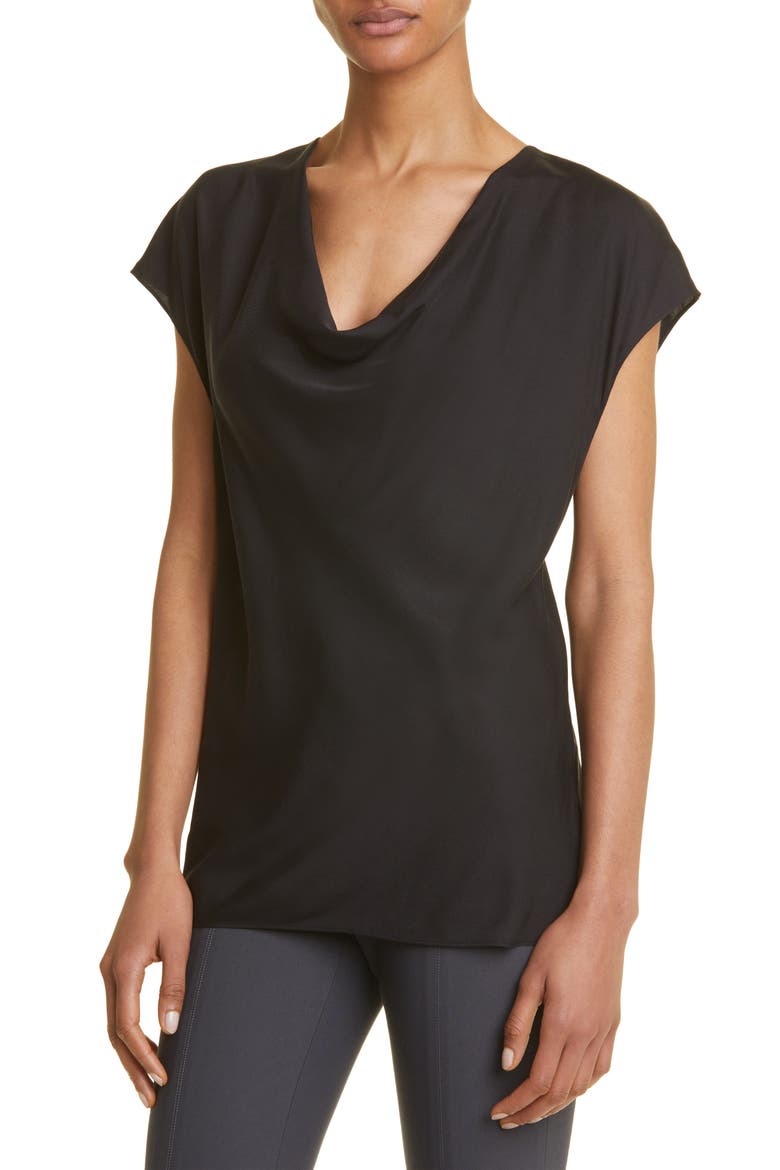 Cowl Neck Cap Sleeve Silk Blend Blouse, Alternate, color, BLACK