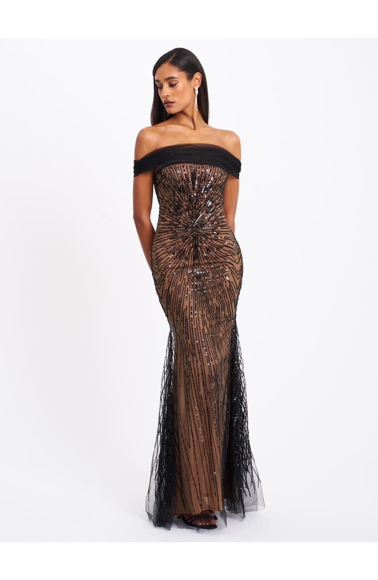 Miss Circle Qeturah Embroidered Sequin Off Shoulder Mesh Gown, Alternate, color, Black