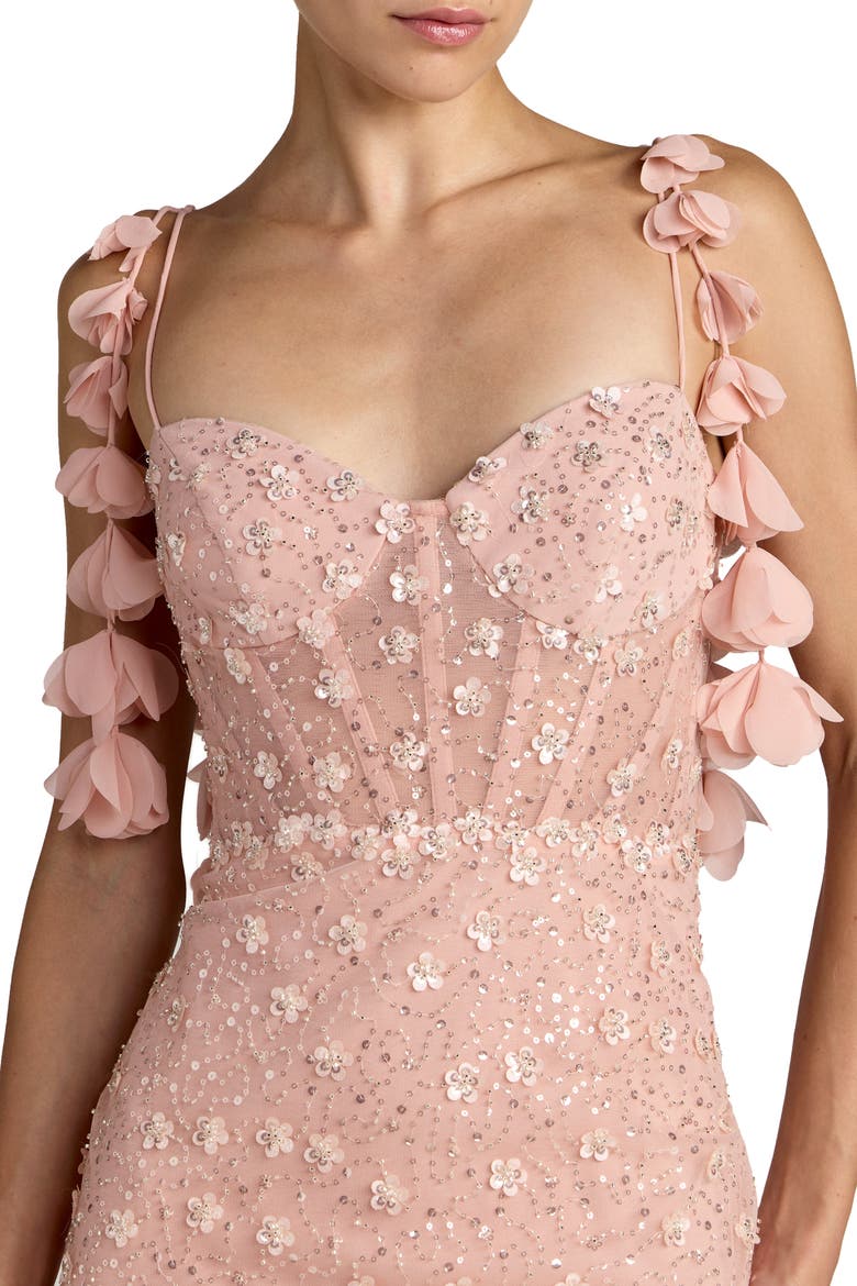 Sleeveless Sequin Column Gown With Floral Detail, Alternate, color, Rose Gold