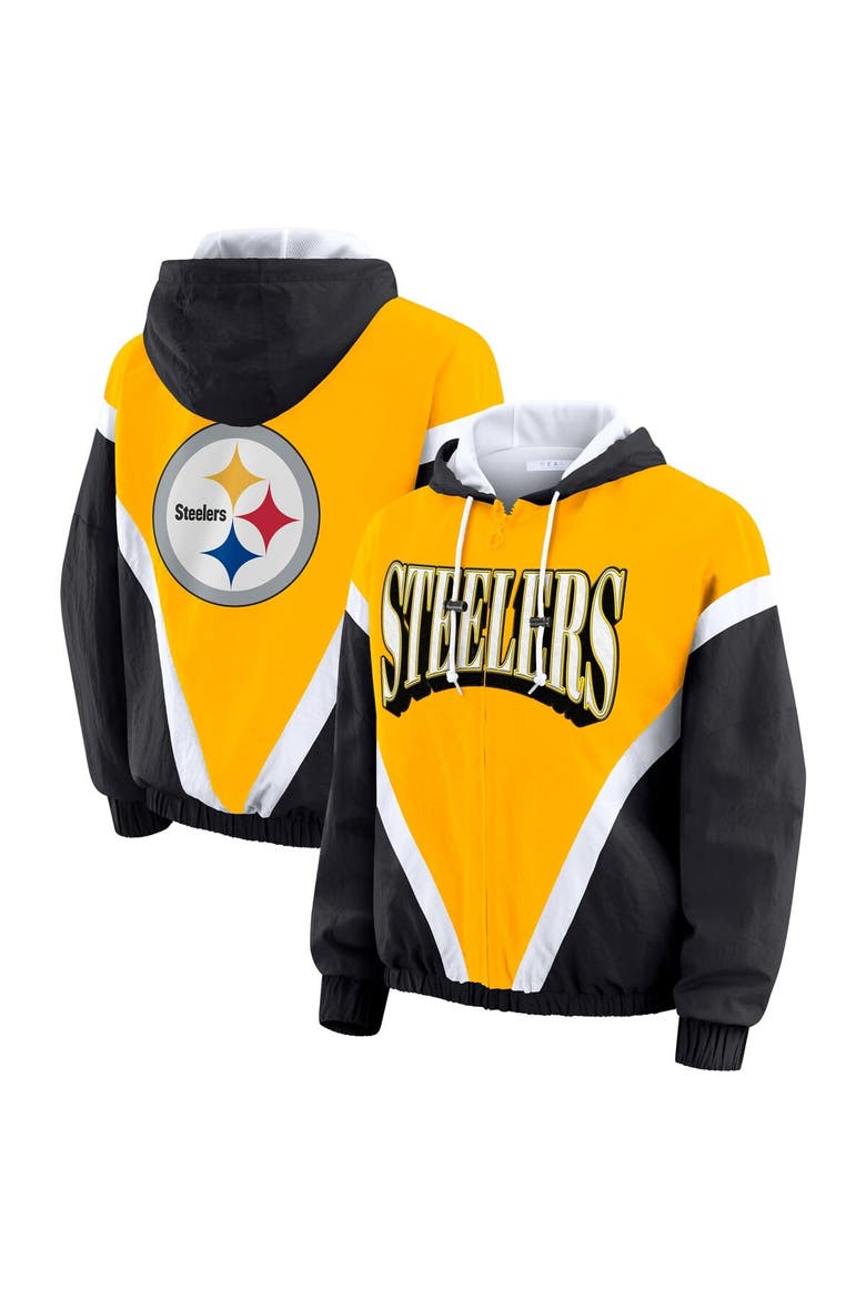 Women's WEAR by Erin Andrews Gold/Black Pittsburgh Steelers Plus Size Retro Crinkle Full-Zip Windbreaker Jacket, Main, color, Gold